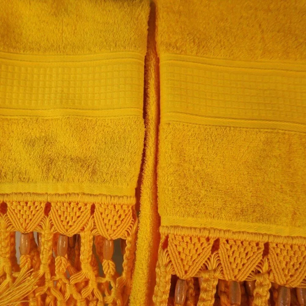 Karisma Bath Towel And Hand Towel Set Yellow Macrame Fringed Tassel Beads